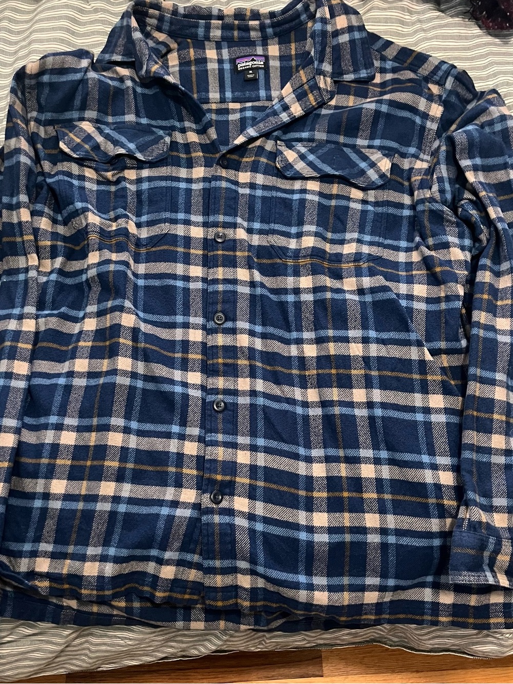 Patagonia Navy and Tan Plaid Button-Up Shirt